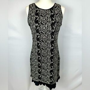 SW3 Bespoke black sequins sheath dress with cream floral embroidery, Medium